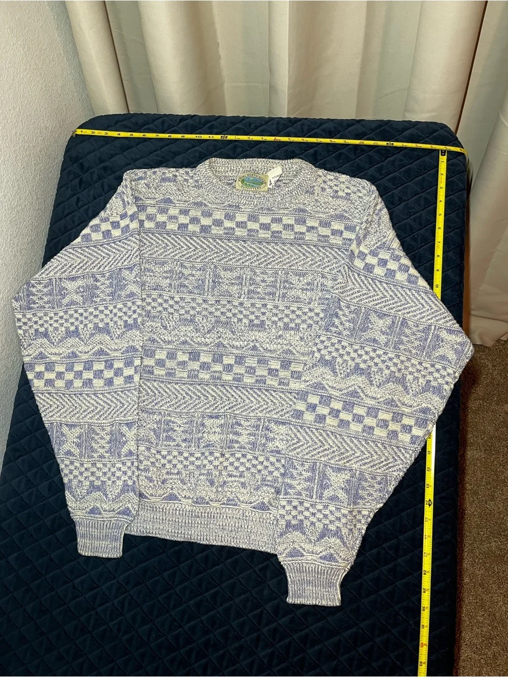 Vintage Men's Patterned Crewneck Sweater - Blue & White - 100% Cotton